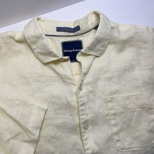 Tommy Bahama Shirt Mens L Butter Yellow Linen Short Sleeve Button Up Vacation